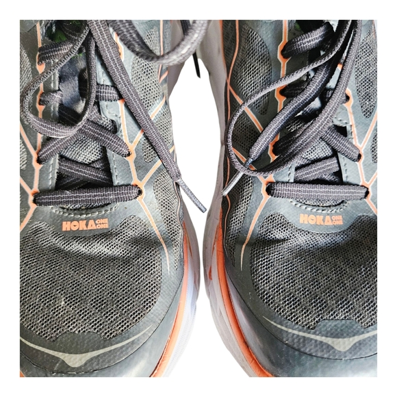 Women's Hoka One Clifton 2 Grey Neon Orange Athletic Sneaker Lace Up Size 9.5 - Picture 9 of 10